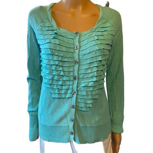 Y2K DKNY Jeans Women’s XS Knit Ruffle Sweater Cardigan Blue Stretch Lightweight